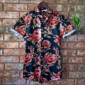 Stretch slim shirt in black and red floral print